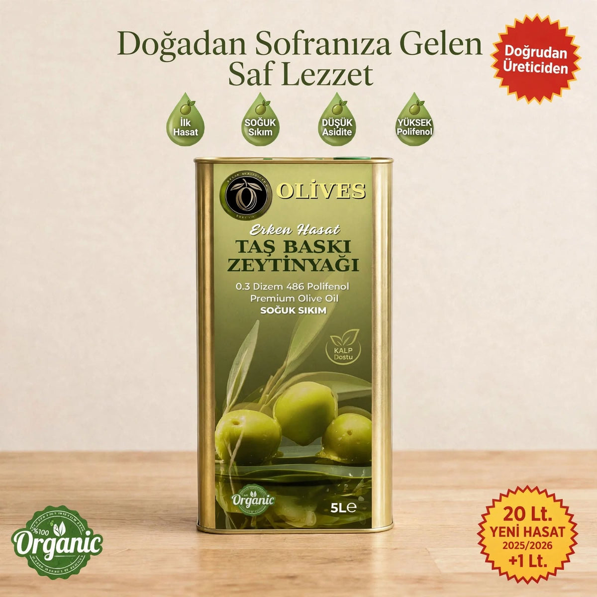 2026_2027 Premium 0.3 dizem soğuk sıkım memecik Erken Hasat Soğuk Sıkım Taş Baskı Zeytinyağı 5Lt