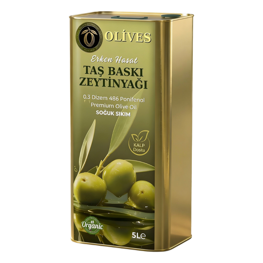 2025_2026_ Domat memecik Erken Hasat Soğuk sıkım Premium 5 Lt. Taş Baskı 0.3 dizem 486 polifenol +500ml Erken hasat cam şişe hediye