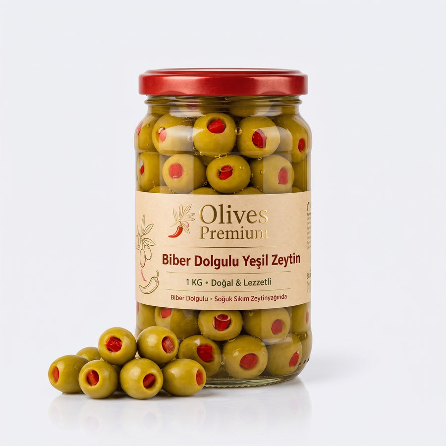 Biber Dolgulu Yeşil Zeytin 1 kg — Olives Premium (stüdyo)