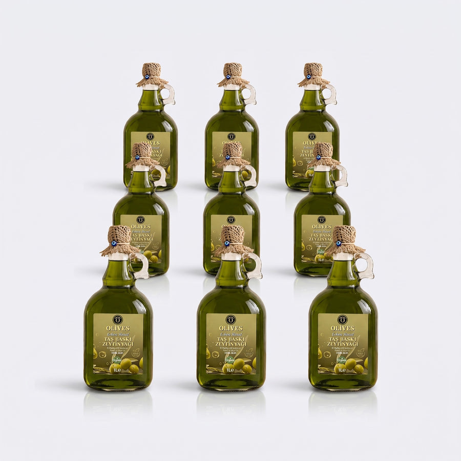 Erken Hasat Taş Baskı Zeytinyağı 9 × 1 L Kulplu Cam Galon — Olives Premium (stüdyo)