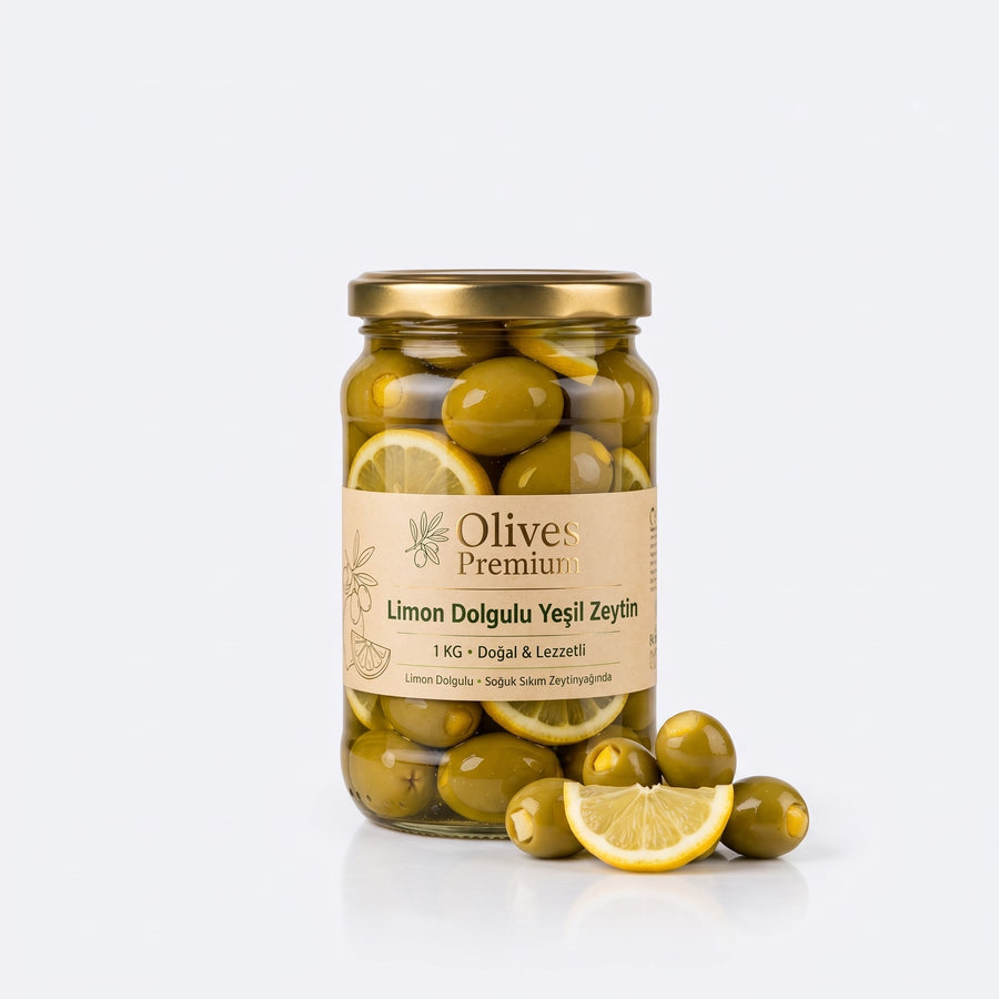 Limon Dolgulu Yeşil Zeytin 1 kg — Olives Premium (stüdyo)