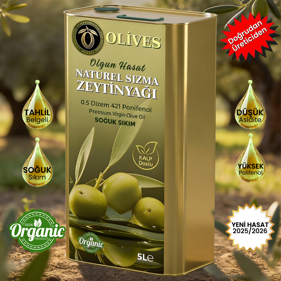 2025_2026  0.5 Dizem Naturel Soğuk Sıkım 421 penefenol Olgun Hasat Premium Zeytinyağı 5 Lt.
