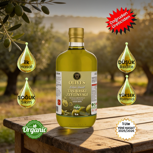 Yeni Hasat Soğuk Sıkım Taş Baskı Premium Zeytinyağı 1 Lt. Kulpsuz Cam Şişe
