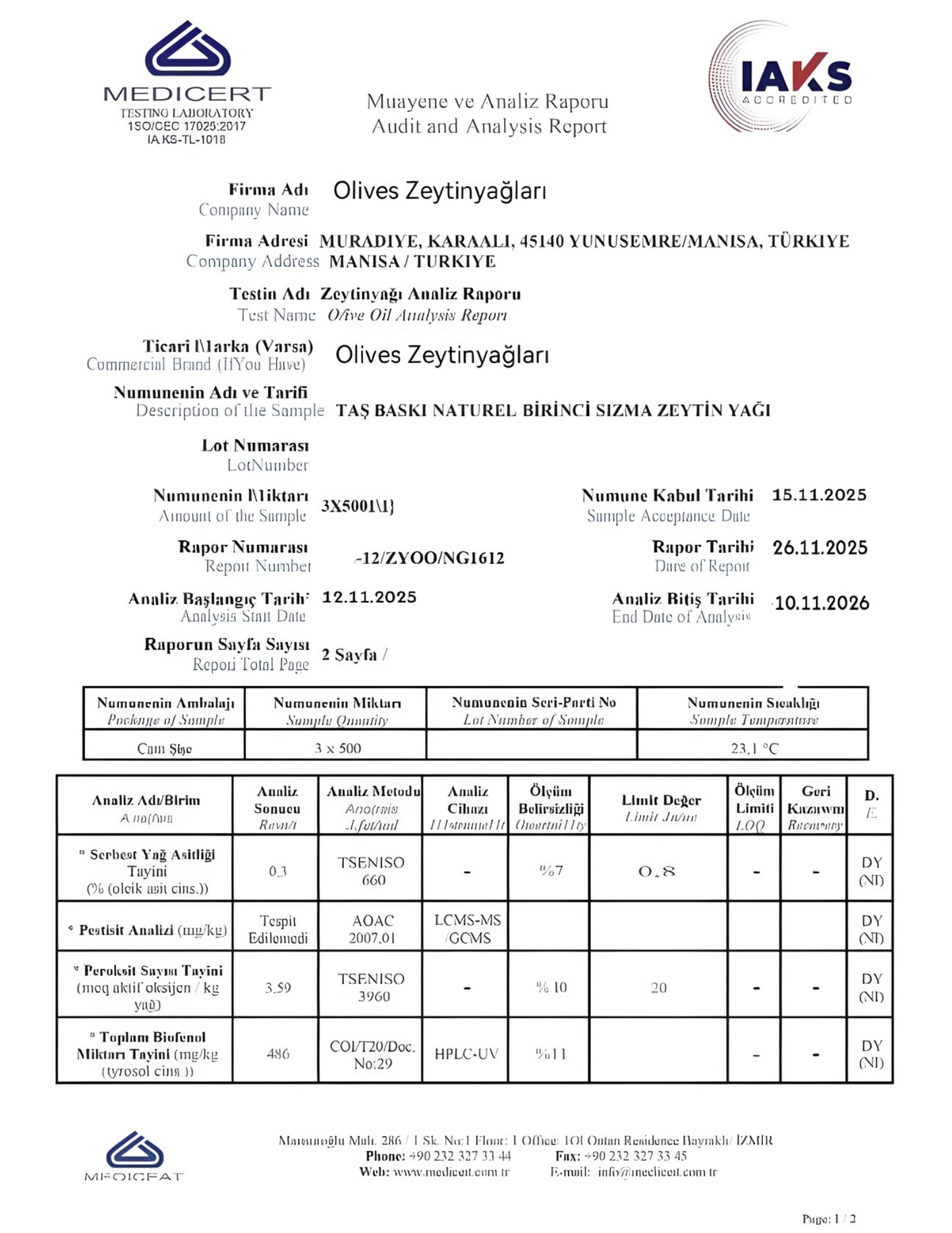 2025_2026 Kasım Ayı  Naturel Soğuk Sıkım Olgun Hasat Premium Zeytinyağı 1 Lt. Kulpsuz Cam Şişe