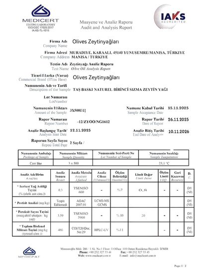 2025_2026 Kasım Ayı  Naturel Soğuk Sıkım Olgun Hasat Premium Zeytinyağı 1 Lt. Kulpsuz Cam Şişe