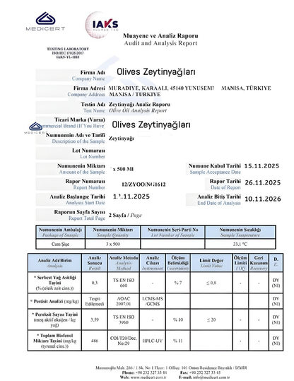 2025_2026 Kasım Ayı  Naturel Soğuk Sıkım Olgun Hasat Premium Zeytinyağı 1 Lt. Kulpsuz Cam Şişe