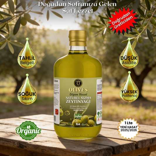 2025_2026 Kasım Ayı  Naturel Soğuk Sıkım Olgun Hasat Premium Zeytinyağı 1 Lt. Kulpsuz Cam Şişe