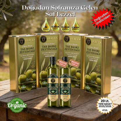 2025_ 2026_ Domat memecik Erken Hasat Soğuk Sıkım Premium 20 Lt. Taş Baskı 0.3 dizem 486 polifenol + 2x500 ml Cam Şişe Hediye