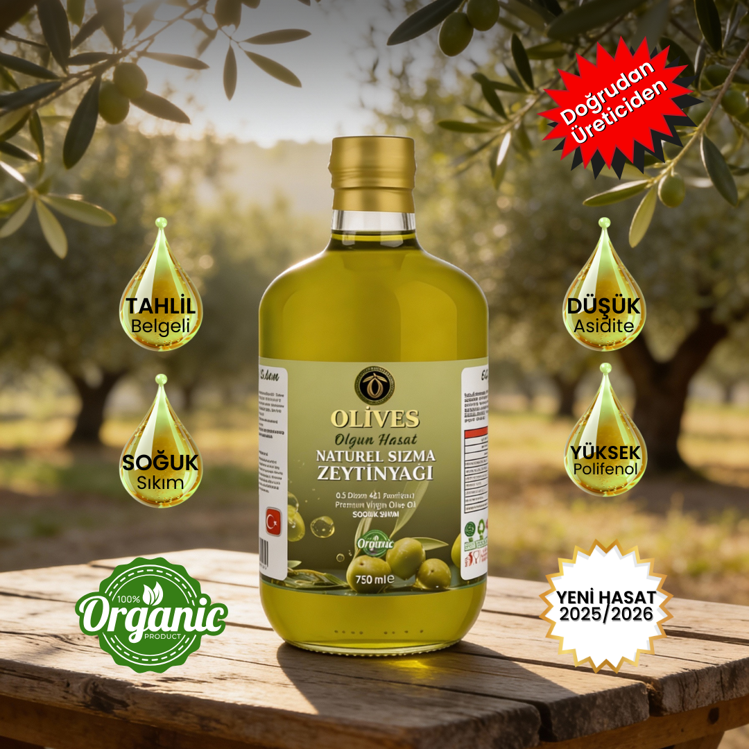 2025_2026 Kasım Ayı Naturel Soğuk Sıkım Olgun Hasat Premium Zeytinyağı 750 Ml. Cam Şişe