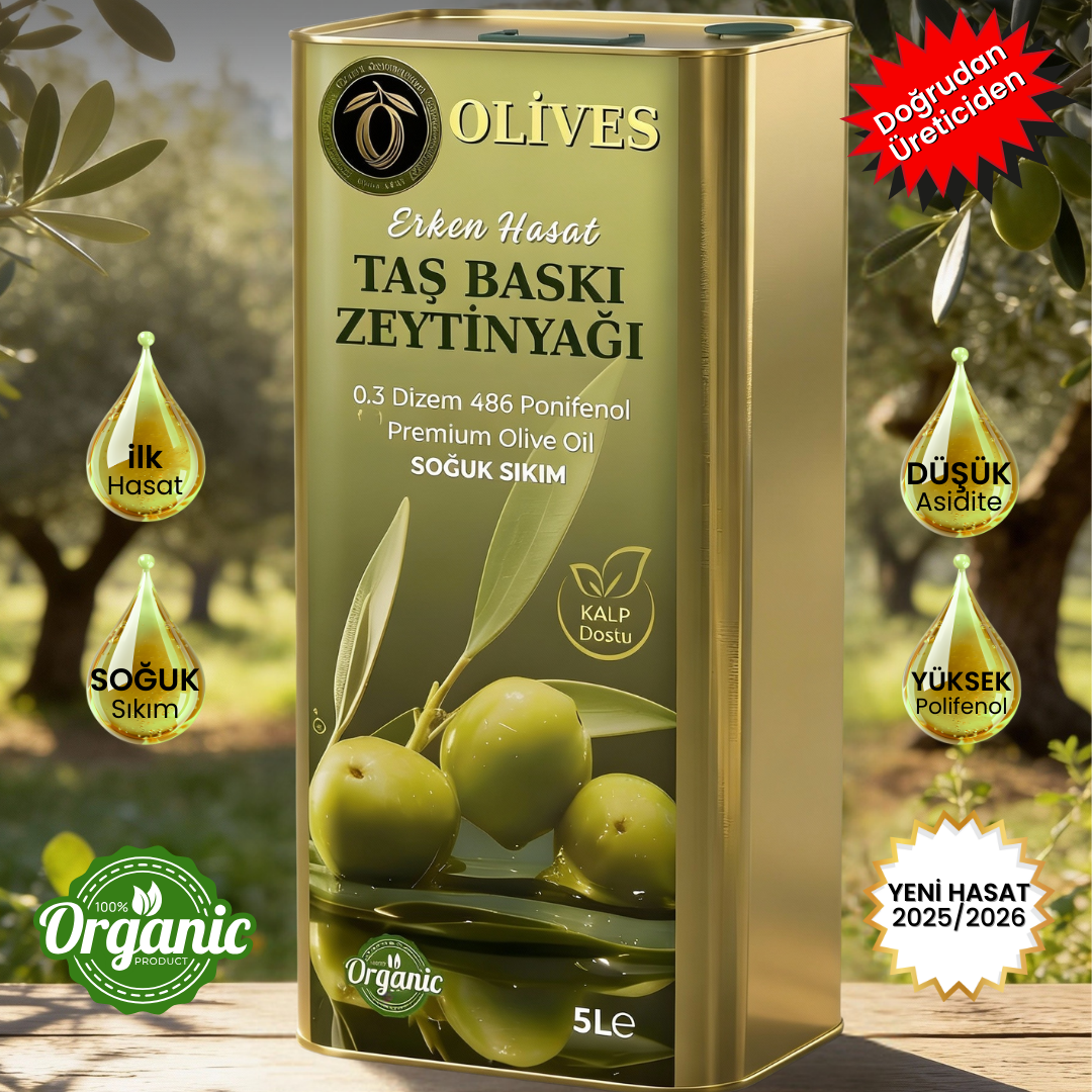 2025_2026_ Domat memecik Erken Hasat Soğuk sıkım Premium 5 Lt. Taş Baskı 0.3 dizem 486 polifenol +500ml Erken hasat cam şişe hediye
