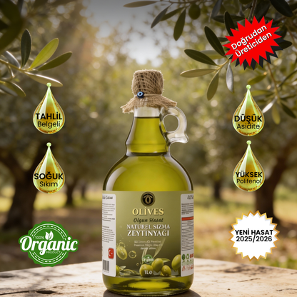 2025_2026 Naturel Soğuk Sıkım 0.5 Dizem 421 penefenol Olgun Hasat Premium Zeytinyağı 1 Lt. Cam Şişe