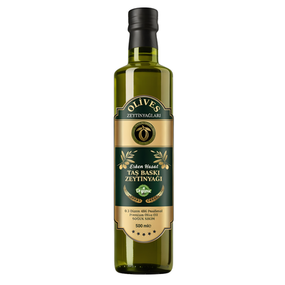 Yeni Hasat Soğuk Sıkım Taş Baskı Premium Zeytinyağı 500 Ml. Cam Şişe