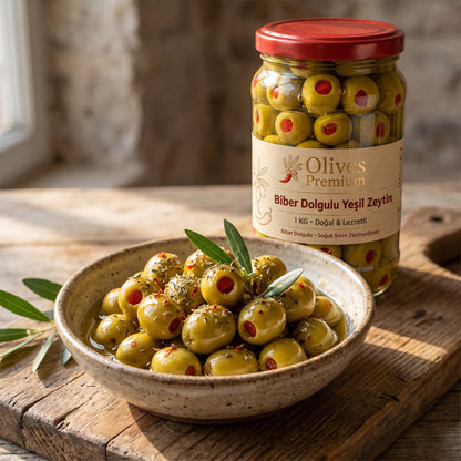 Biber Dolgulu Yeşil Zeytin 1 kg — Olives Premium (sofrada)