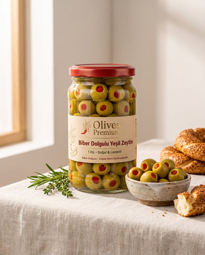 Biber Dolgulu Yeşil Zeytin 1 kg — Olives Premium (yaşam)