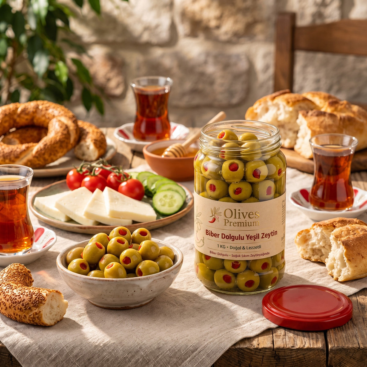 Biber Dolgulu Yeşil Zeytin 1 kg — Olives Premium (Ege sofrası)