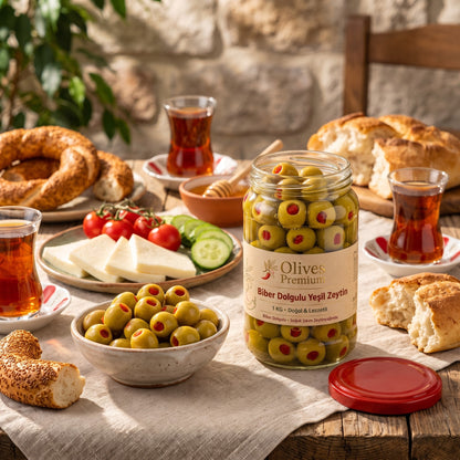Biber Dolgulu Yeşil Zeytin 1 kg — Olives Premium (Ege sofrası)