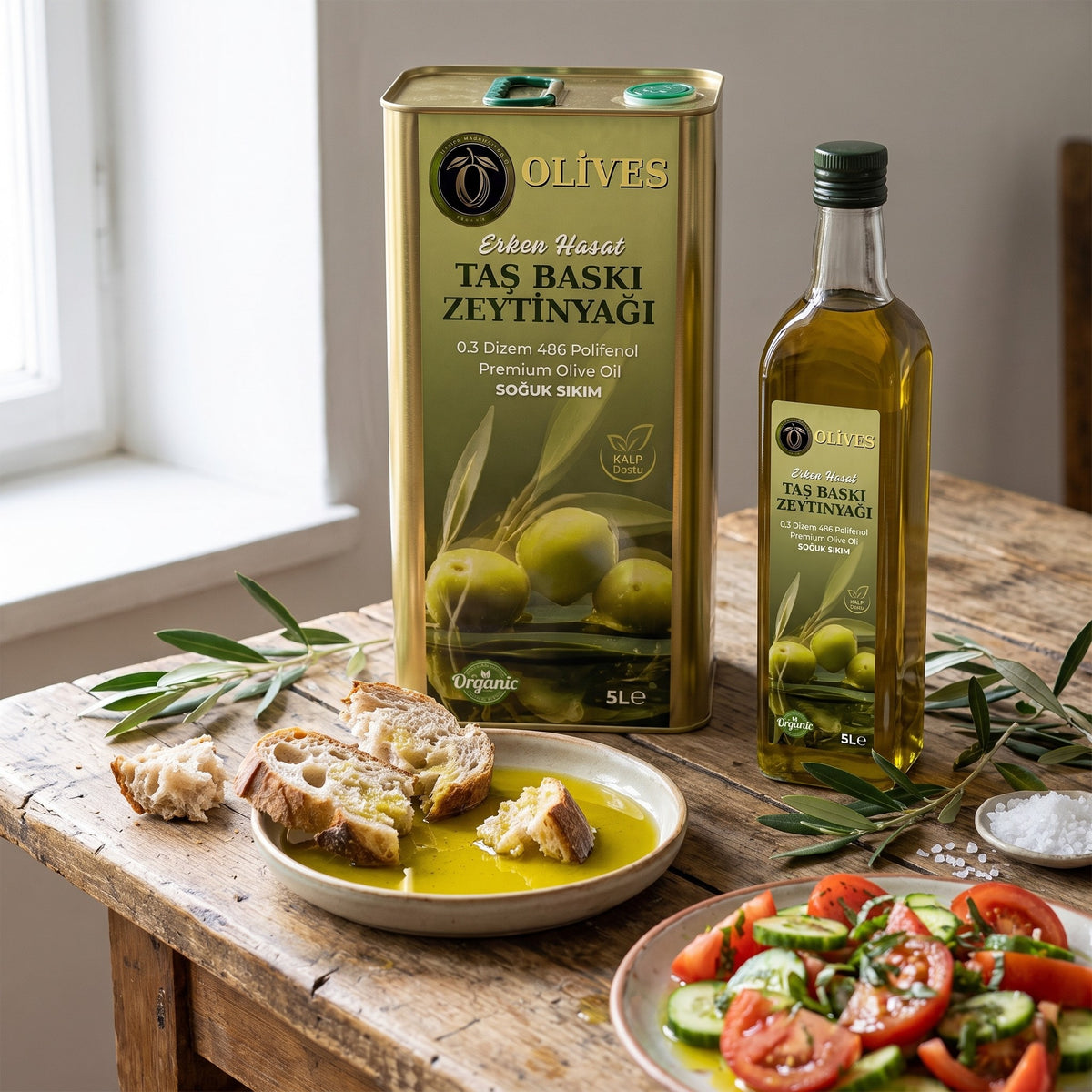 Erken Hasat Taş Baskı Zeytinyağı 10 L (2 × 5 L Teneke) + 500 ml Hediye — Olives Premium (sofrada)