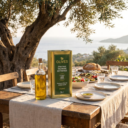 Erken Hasat Taş Baskı Zeytinyağı 10 L (2 × 5 L Teneke) + 500 ml Hediye — Olives Premium (Ege sofrası)