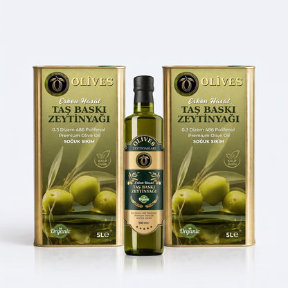 Erken Hasat Taş Baskı Zeytinyağı 10 L (2 × 5 L Teneke) + 500 ml Hediye — Olives Premium (stüdyo)