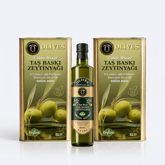 Erken Hasat Taş Baskı Zeytinyağı 10 L (2 × 5 L Teneke) + 500 ml Hediye — Olives Premium (stüdyo)
