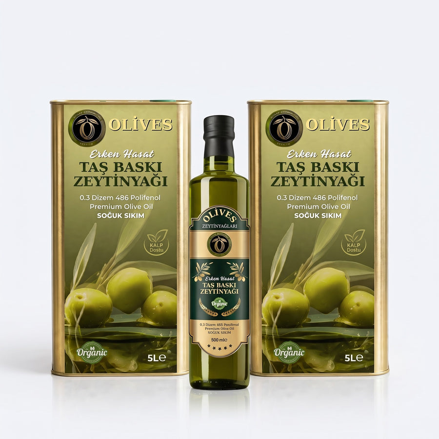 Erken Hasat Taş Baskı Zeytinyağı 10 L (2 × 5 L Teneke) + 500 ml Hediye — Olives Premium (stüdyo)
