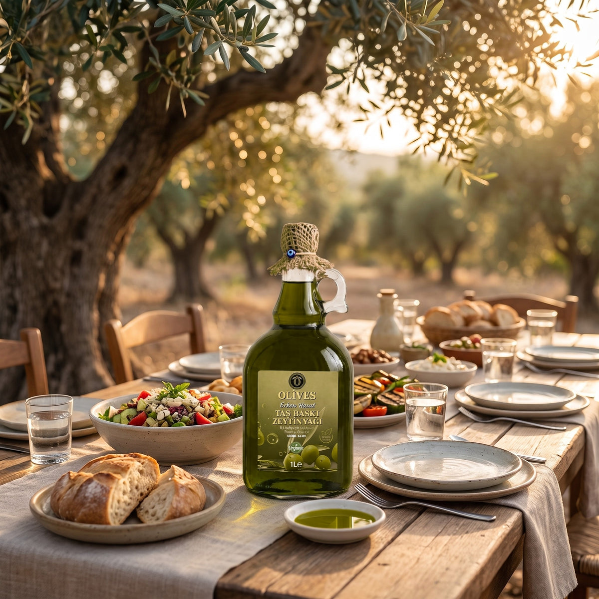 Erken Hasat Taş Baskı Zeytinyağı 1 L Kulplu Cam Galon — Olives Premium (Ege sofrası)