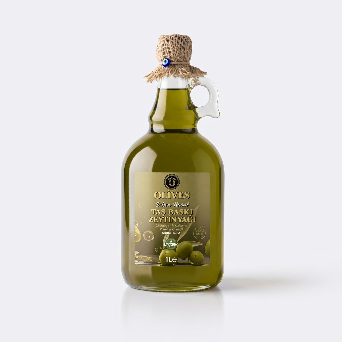 Erken Hasat Taş Baskı Zeytinyağı 1 L Kulplu Cam Galon — Olives Premium (stüdyo)