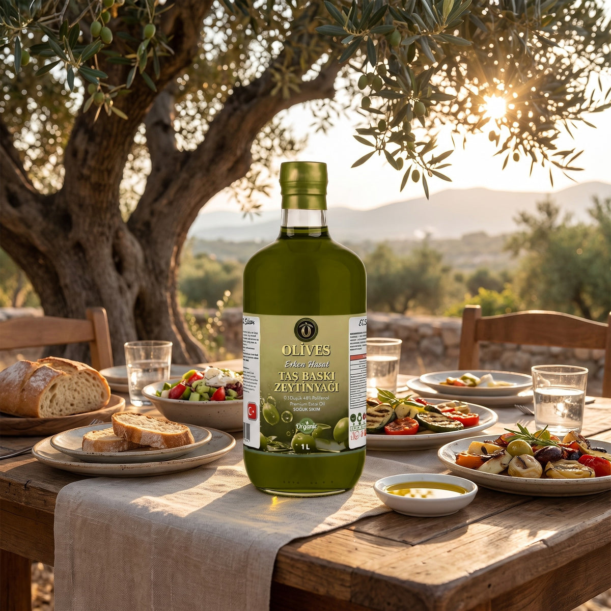 Erken Hasat Taş Baskı Zeytinyağı 1 L Cam Şişe — Olives Premium (Ege sofrası)