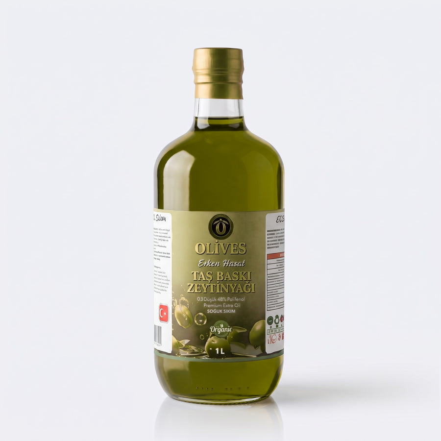 Erken Hasat Taş Baskı Zeytinyağı 1 L Cam Şişe — Olives Premium (stüdyo)