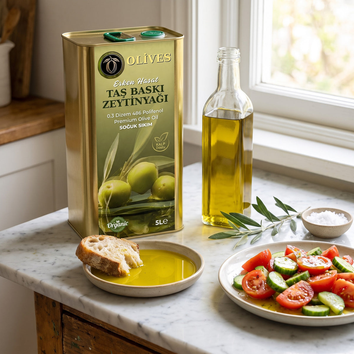 Erken Hasat Taş Baskı Zeytinyağı 20 L (4 × 5 L Teneke) + 2 × 500 ml Hediye — Olives Premium (sofrada)
