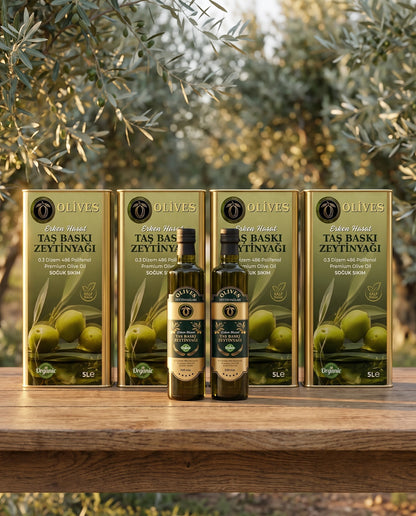 Erken Hasat Taş Baskı Zeytinyağı 20 L (4 × 5 L Teneke) + 2 × 500 ml Hediye — Olives Premium (yaşam)