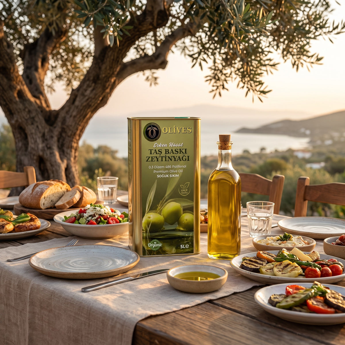 Erken Hasat Taş Baskı Zeytinyağı 20 L (4 × 5 L Teneke) + 2 × 500 ml Hediye — Olives Premium (Ege sofrası)