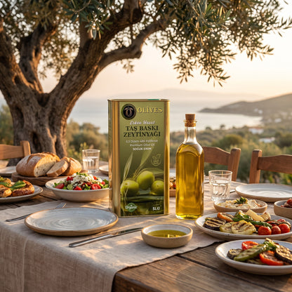 Erken Hasat Taş Baskı Zeytinyağı 20 L (4 × 5 L Teneke) + 2 × 500 ml Hediye — Olives Premium (Ege sofrası)