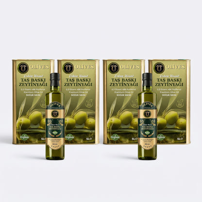 Erken Hasat Taş Baskı Zeytinyağı 20 L (4 × 5 L Teneke) + 2 × 500 ml Hediye — Olives Premium (stüdyo)