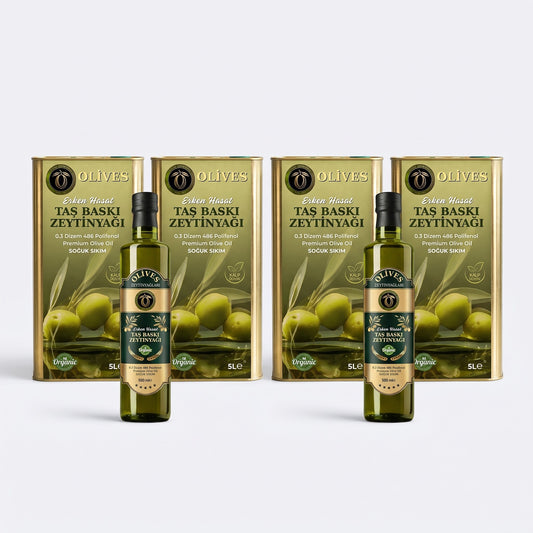 Erken Hasat Taş Baskı Zeytinyağı 20 L (4 × 5 L Teneke) + 2 × 500 ml Hediye — Olives Premium (stüdyo)