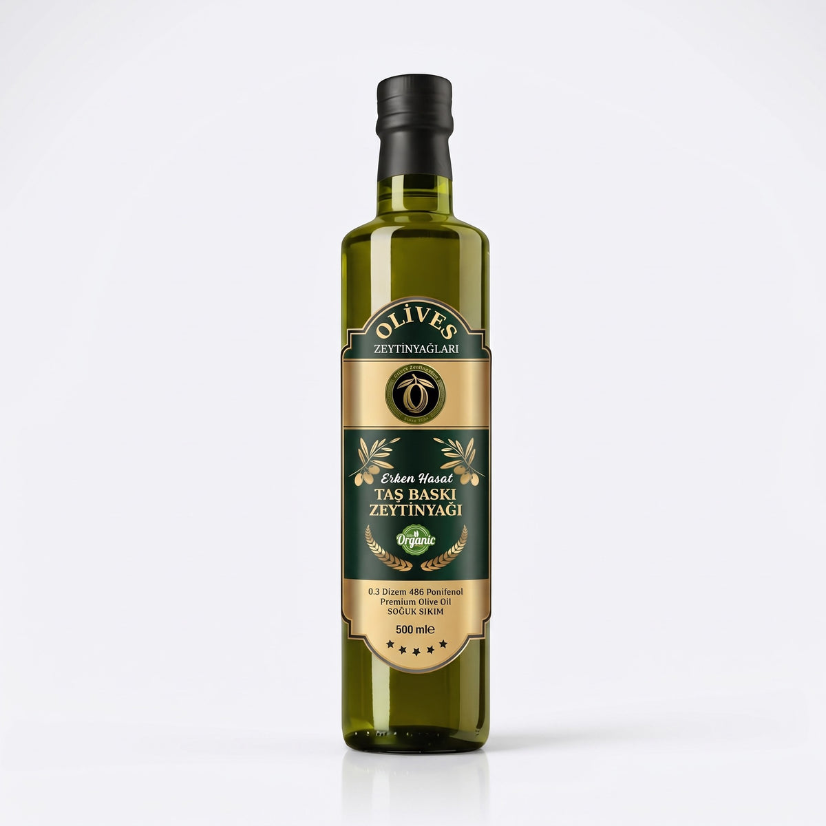 Erken Hasat Taş Baskı Zeytinyağı 500 ml Cam Şişe — Olives Premium (stüdyo)