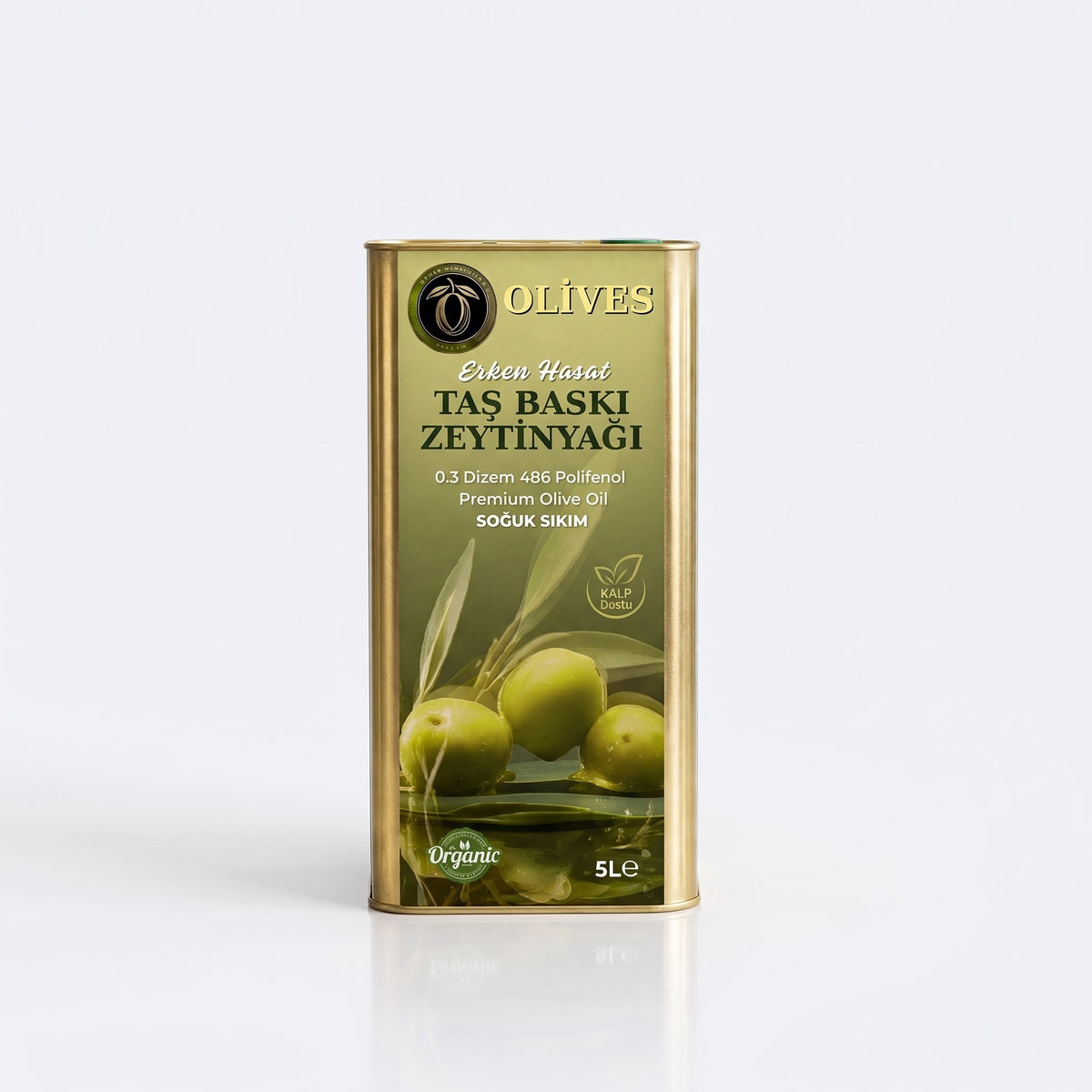 Erken Hasat Taş Baskı Zeytinyağı 5 L Teneke — Olives Premium (stüdyo)