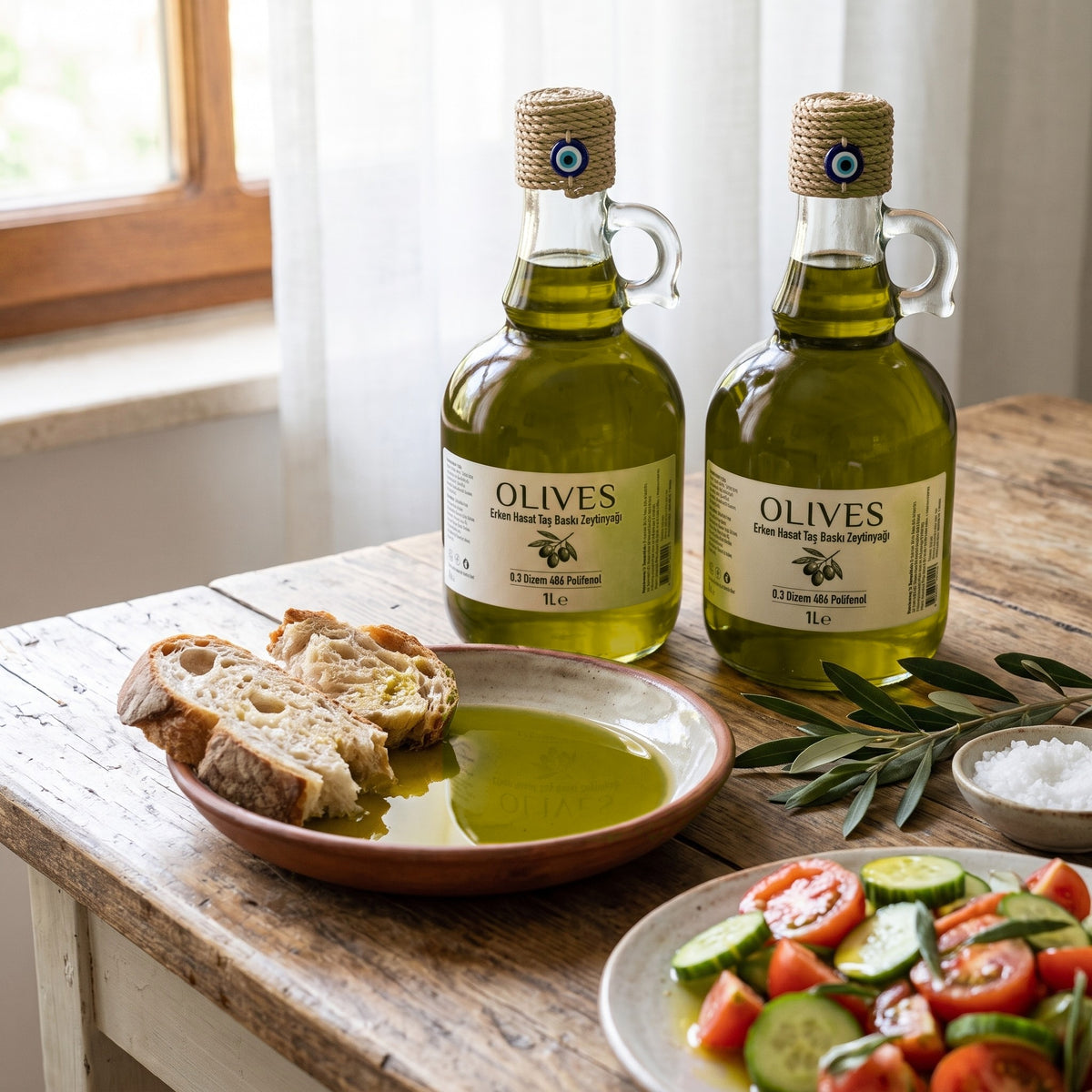 Erken Hasat Taş Baskı Zeytinyağı 9 × 1 L Kulplu Cam Galon — Olives Premium (sofrada)