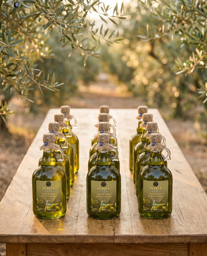 Erken Hasat Taş Baskı Zeytinyağı 9 × 1 L Kulplu Cam Galon — Olives Premium (yaşam)