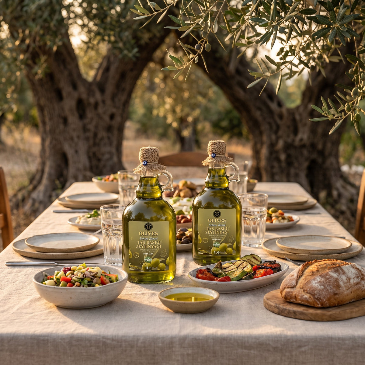 Erken Hasat Taş Baskı Zeytinyağı 9 × 1 L Kulplu Cam Galon — Olives Premium (Ege sofrası)