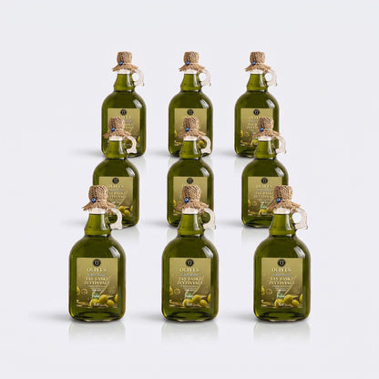 Erken Hasat Taş Baskı Zeytinyağı 9 × 1 L Kulplu Cam Galon — Olives Premium (stüdyo)