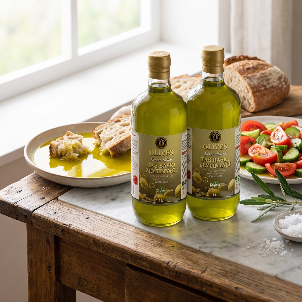Erken Hasat Taş Baskı Zeytinyağı 9 × 1 L Cam Şişe — Olives Premium (sofrada)