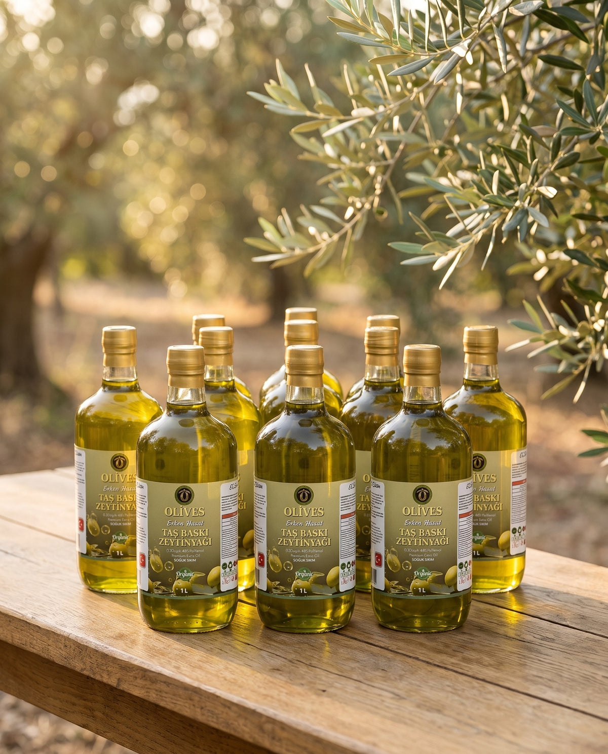 Erken Hasat Taş Baskı Zeytinyağı 9 × 1 L Cam Şişe — Olives Premium (yaşam)