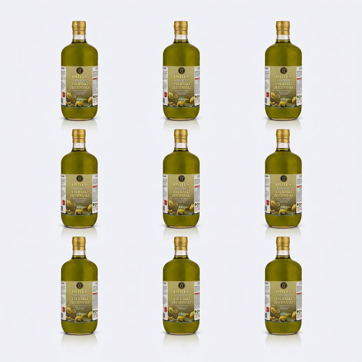 Erken Hasat Taş Baskı Zeytinyağı 9 × 1 L Cam Şişe — Olives Premium (stüdyo)