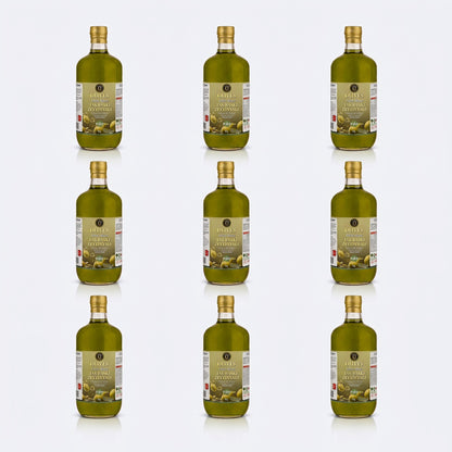 Erken Hasat Taş Baskı Zeytinyağı 9 × 1 L Cam Şişe — Olives Premium (stüdyo)
