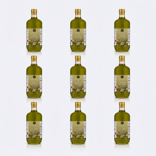 Erken Hasat Taş Baskı Zeytinyağı 9 × 1 L Cam Şişe — Olives Premium (stüdyo)