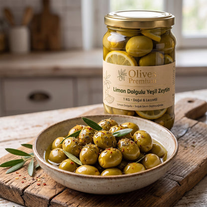 Limon Dolgulu Yeşil Zeytin 1 kg — Olives Premium (sofrada)