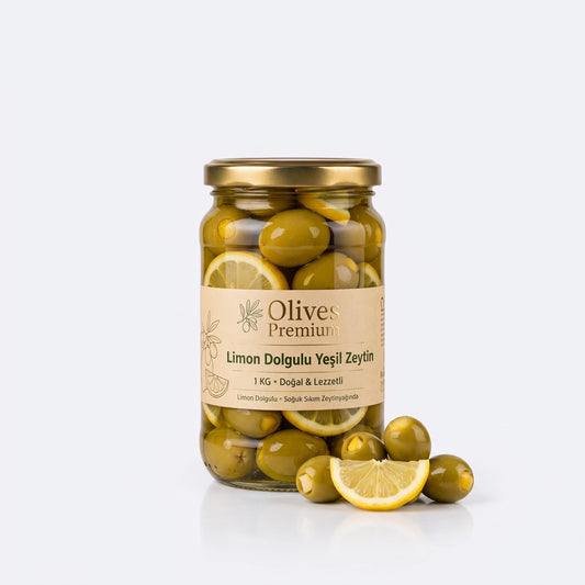 Limon Dolgulu Yeşil Zeytin 1 kg — Olives Premium (stüdyo)