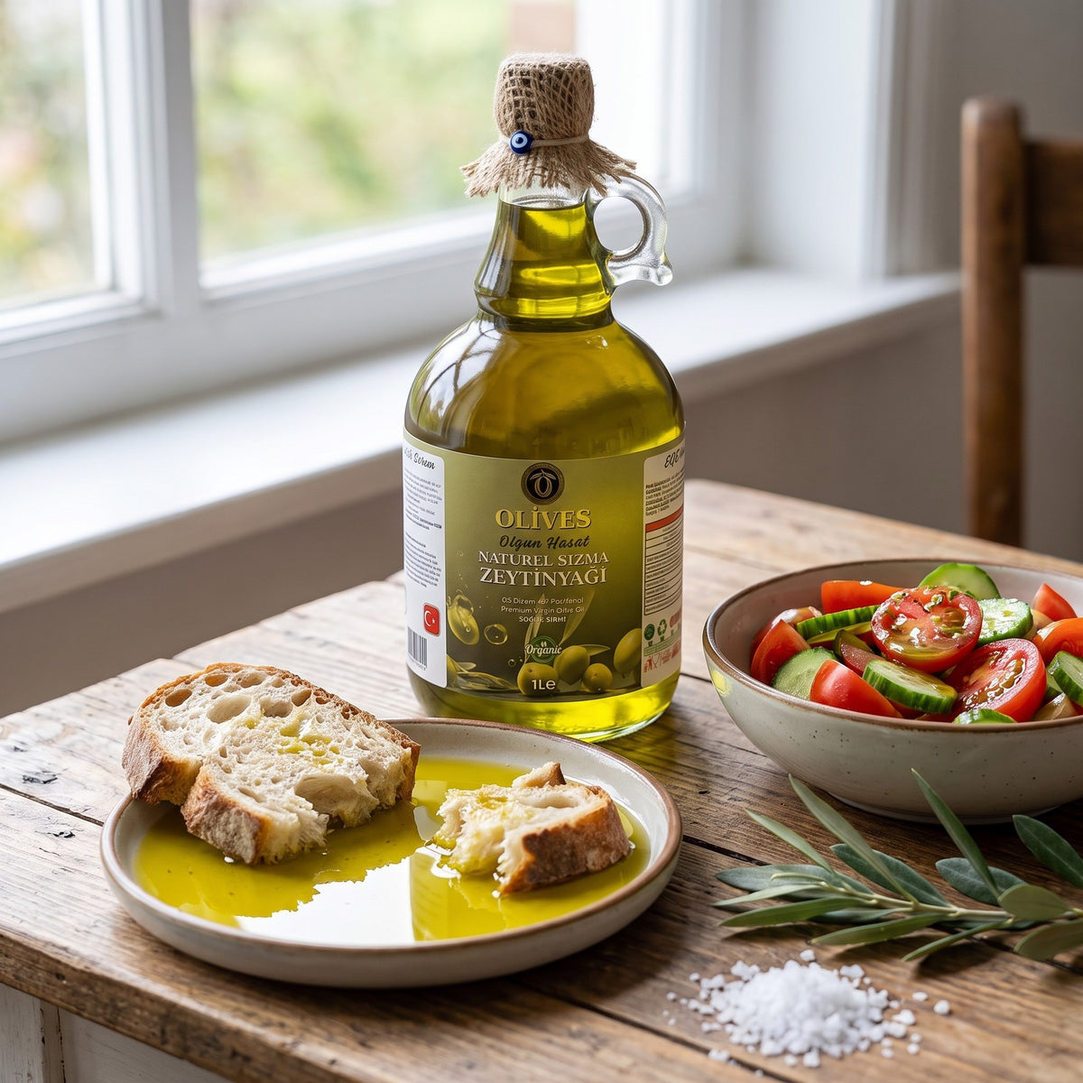 Olgun Hasat Natürel Sızma Zeytinyağı 1 L Kulplu Cam Galon — Olives Premium (sofrada)