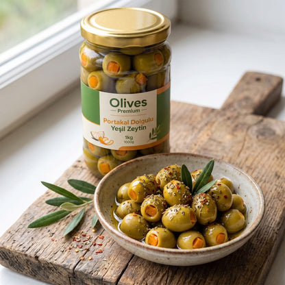 Portakal Dolgulu Yeşil Zeytin 1 kg — Olives Premium (sofrada)